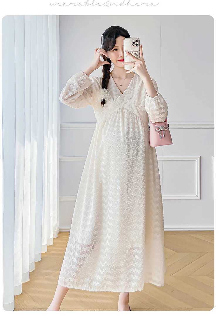Materni Chiffon Dress Long Lantern Sleeve O-Neck High Waist Pregnancy Elegant Dress Solid Color Pregnant Woman Tassel DressesXJ241213