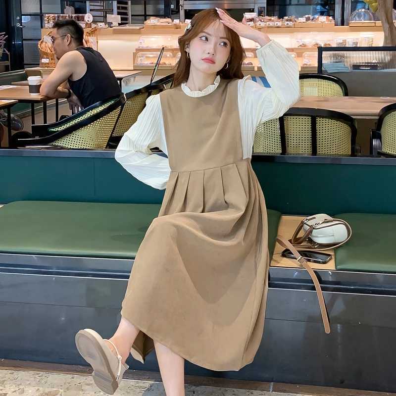 Pregnant Womens Clothing for Autumn Block Color Patchwork Long Sleeve Ruffle Collar Materni Pleated Dress Office Lady ClothesXJ241213