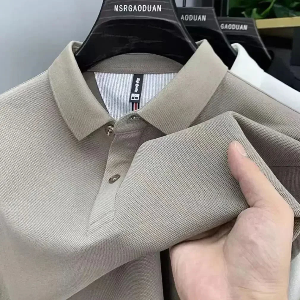 Heavyweight pure cotton highend Polo shirt mens spring and autumn long sleeved Tshirt solid color top 241213