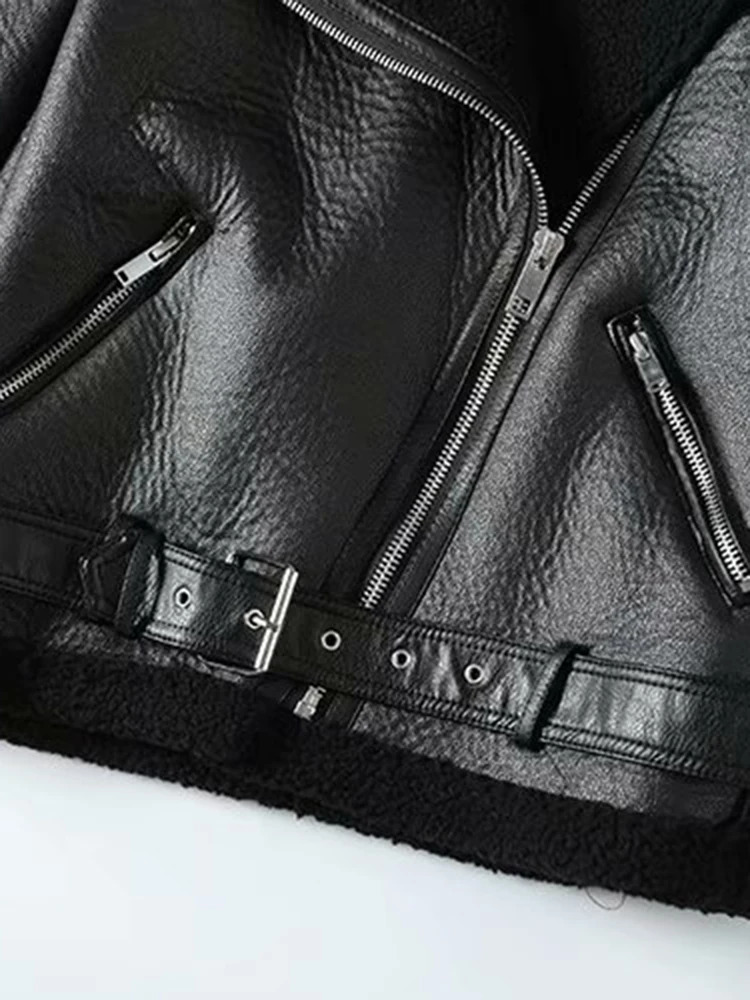 TRAF winter coat womens thick synthetic leather fur sheepskin womens fur jacket pilot coat Casaco Feminino 241210