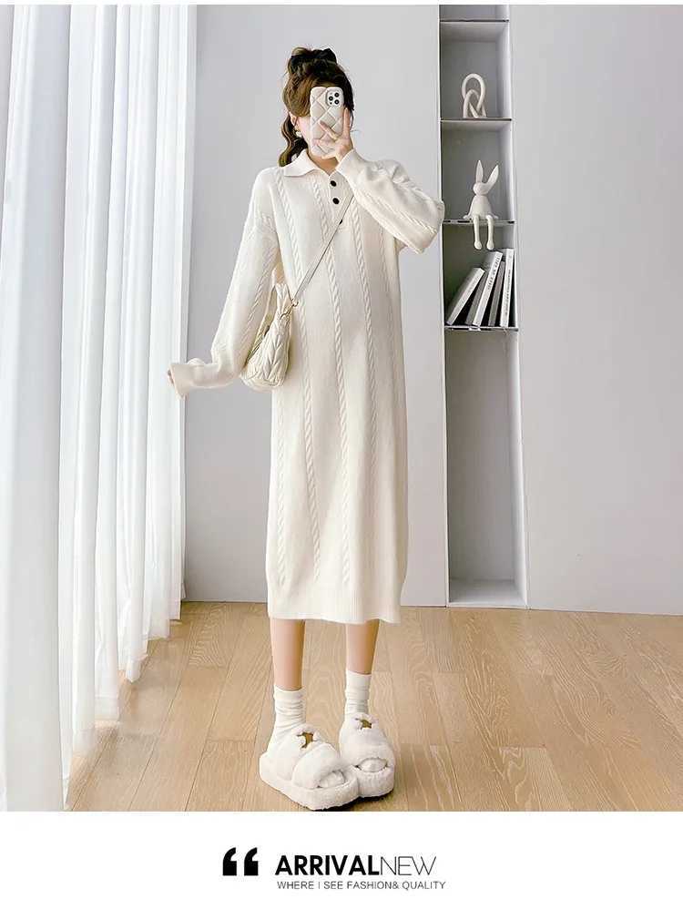 Korean Sle Autumn Materni Dress Button Fly Turn-down Collar Long Sleeve Pregnant Woman Knitting Dress Pregnancy Long SweaterXJ241213