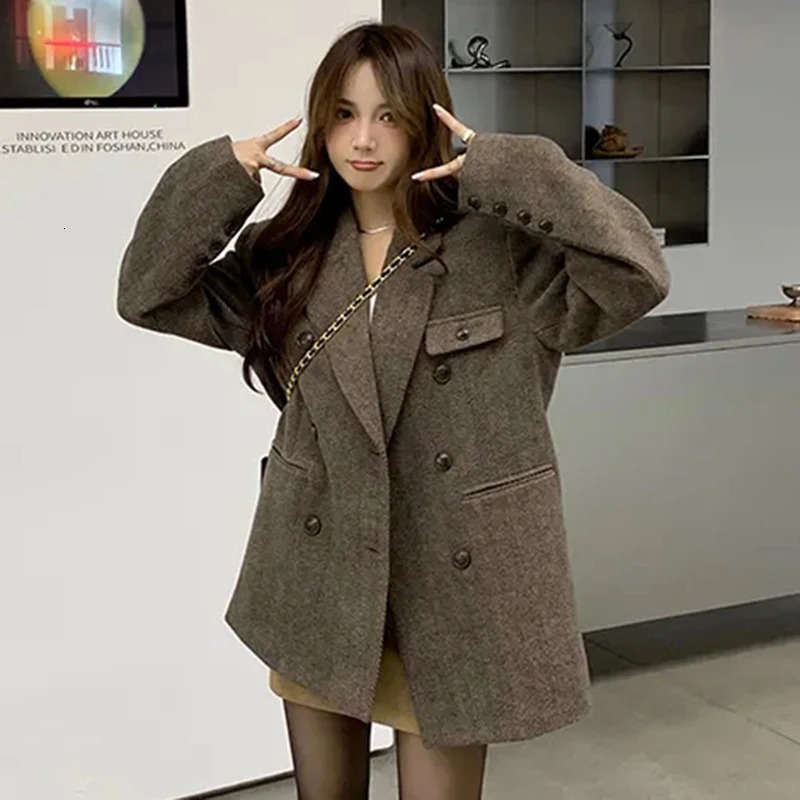 Gidyq Elegant Suit Woolen Coat Women Autumn Winter Loose Thicken Jackets Korean Fashion Streetwear Female Wool Jacket 241209