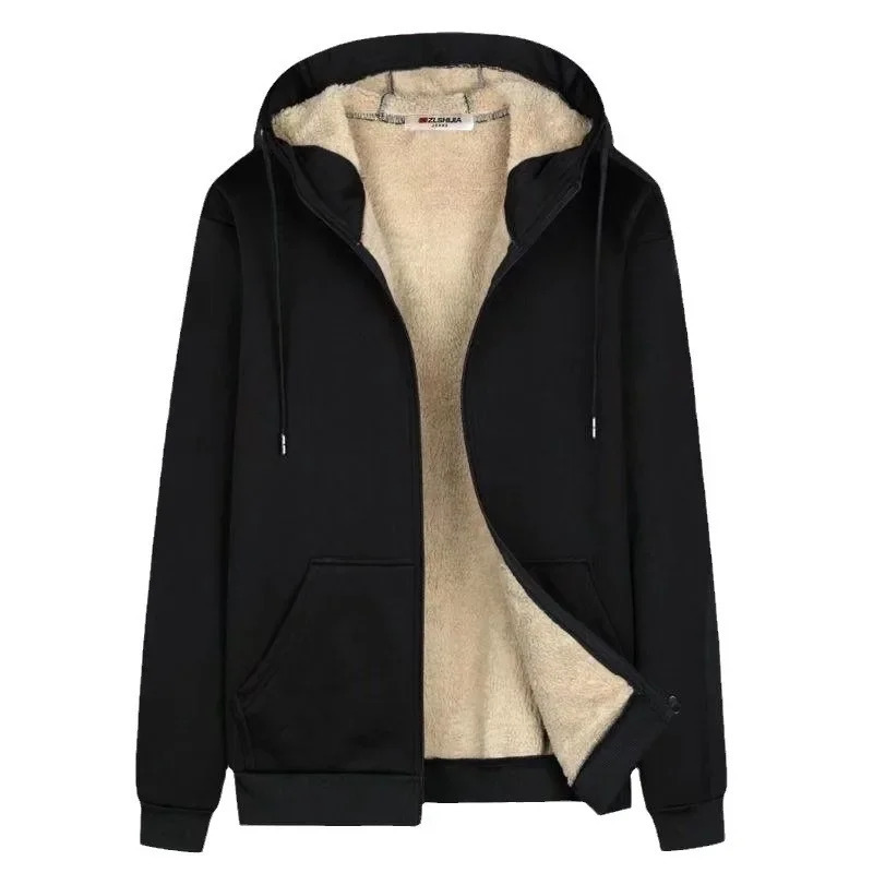 autumn and winter mens casual solid color wool velvet cardigan lining hooded warm jacket loose fit 241211
