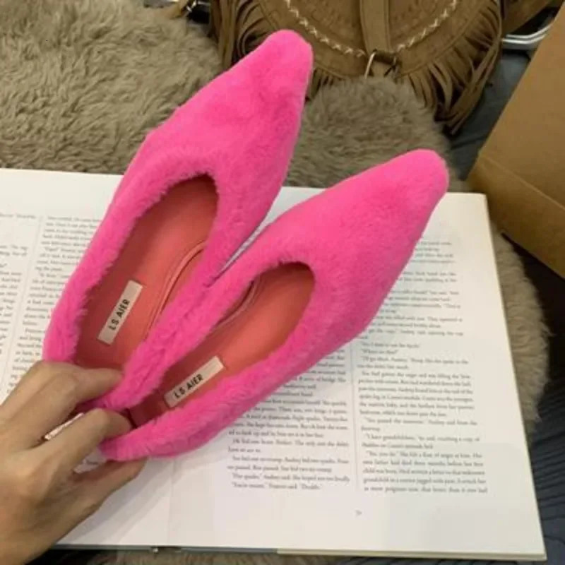 Pointed Toe Fur Ballet Flat Shoes Womens Shoes Winter Warm Plush Shallow Load Womens Comfortable Fur High Heels Dress Shoes Zapatos MUJI 241213