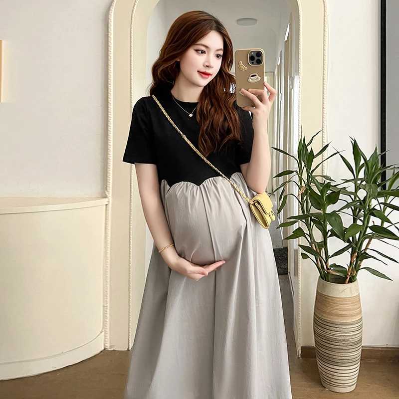 2024 French Sle Pregnant Women Elegant Dress Plus Size Long Sleeve O-Neck High Waist Materni A-Line Dress Long Loose ClothesXJ241213