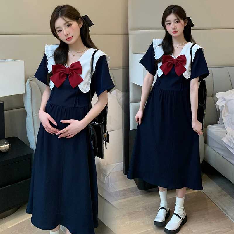 Summer Preppy Sle Bowknot Sailor Collar Materni A-line Dress Fashion Long Loose Pregnant Woman Preppy Sle Dress WholesaleXJ241213