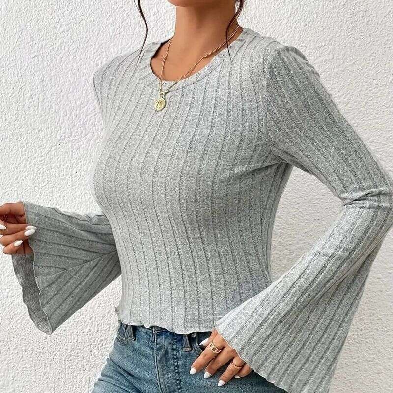 European and American new 2023 autumn short flared sleeve long sleeved round neck lapel simple t