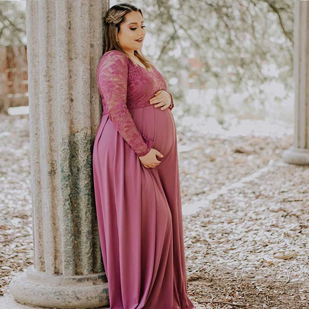 Materni Lace Photography Gown V-Neck Long Sleeve Maxi Elegant Pregnancy Dress For Baby Shower PhotographyXJ241213