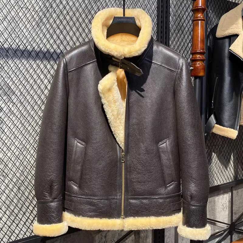 Thick winter natural fur coat mens clothing flight suit motorcycle jacket genuine leather sheepskin mens jacket Hombre W241213