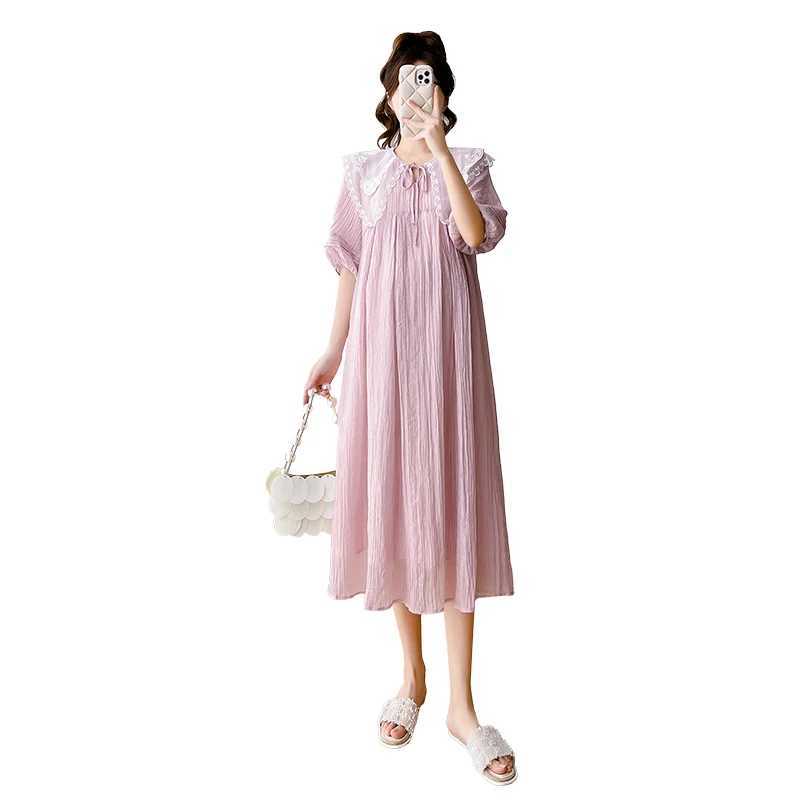 2024 Long Loose Materni Summer Dress Pink Puff Sleeve Sweet Lace Peter Pan Collar Pregnant Woman Chiffon Dress Holiday ClothesXJ241213