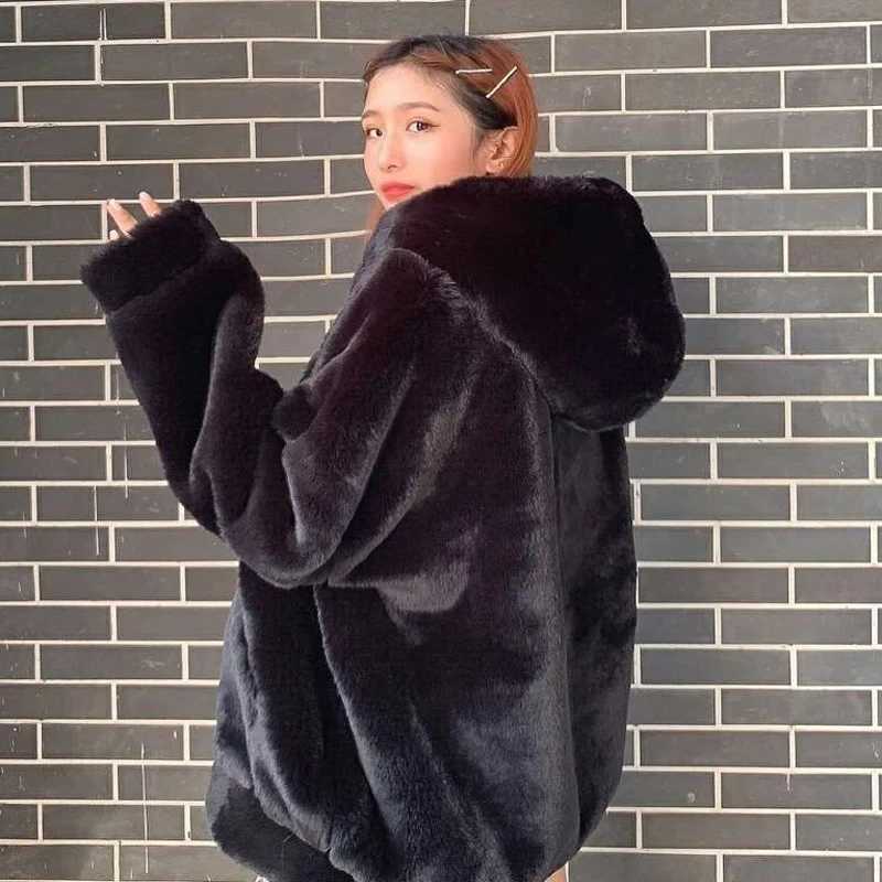 Winter Warm Elegant Thick Artificial Fur Coat Womens Loose Casual Belt Black Womens Jacket Korean Fashion Grey Toothed Coat New Cute X241214