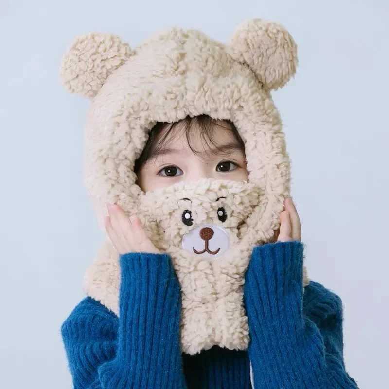 Trend Childrens Winter Hats Neck Male and Female Baby Earrings Facial Hats Cute Bear Folds Warm and Fashionable W241213