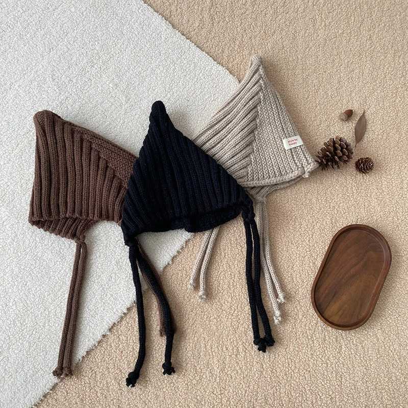 Cute solid color baby hat Beanie winter warm knit baby girl boy ear protection hat children windproof lace hat W241213