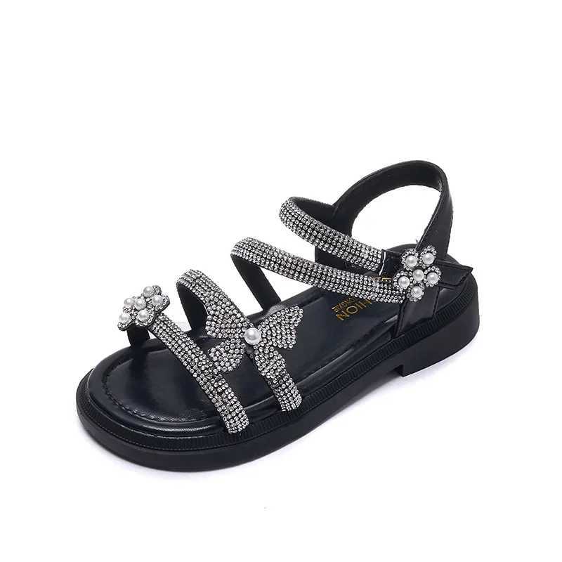 Sandals Childrens Princess Shoes Baby Girls Bling Rhinestone Sandals Fashion Pearl Soft Bottom Kids Dance Party Sparkly Beach Sandals H241213