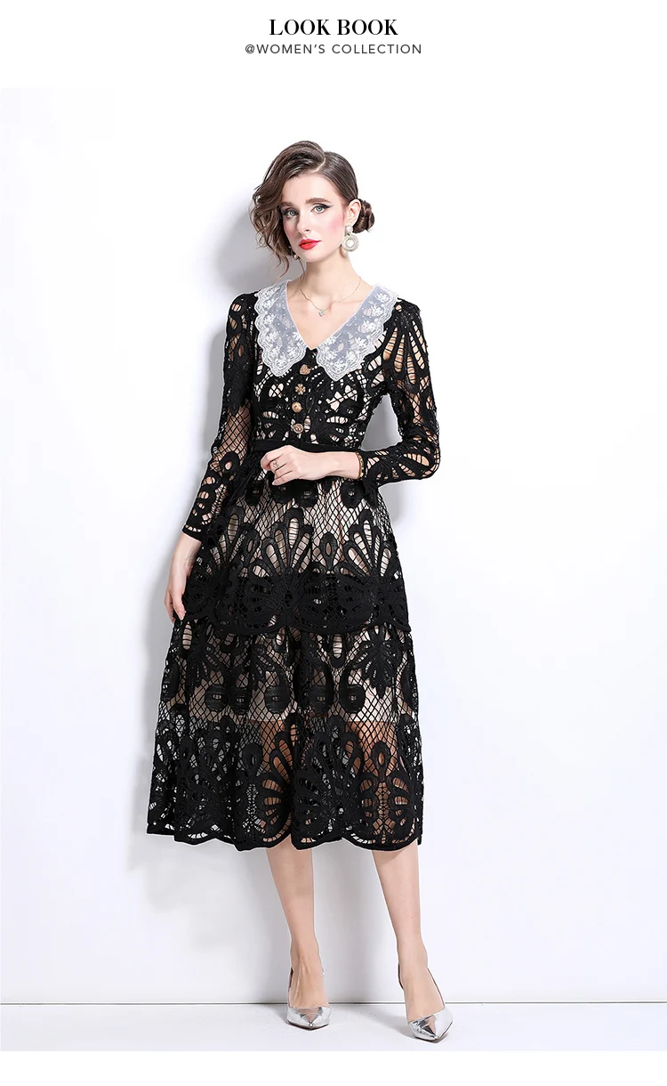 Casual Dresses Autumn Lace Embroidery White Cake Dresses Women Long Sleeve Crochet Hollow Out Party Prom Evening Wedding Dresses