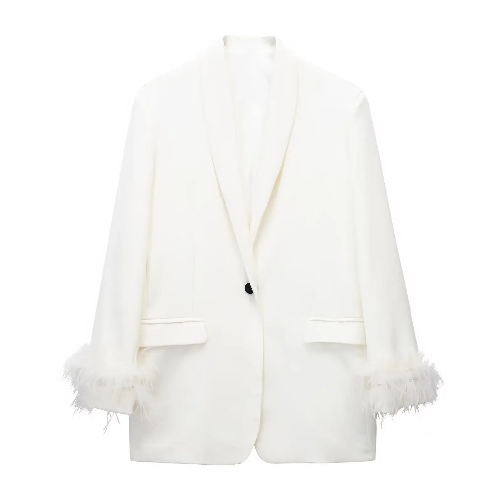 Feather Blazer Woman Black Button Jacket Women Long Sleeve Office Wear Blazers Streetwear Winter Female Coats 241209