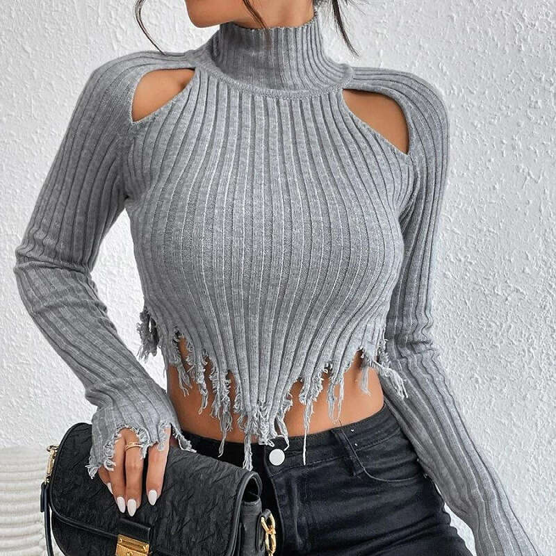 European and American women's high necked long sleeved distressed sexy hollow out short style with exposed navel design knitted sweater