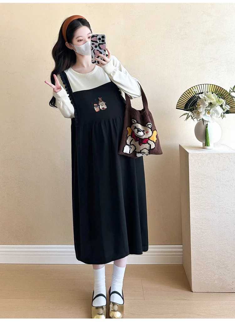 2024 Autumn Materni Knitte Dress Fashion Long Sleeve Pregnant Woman Embroidery Dress Sweet Lady Dresses Faux Two Pieces DressXJ241213