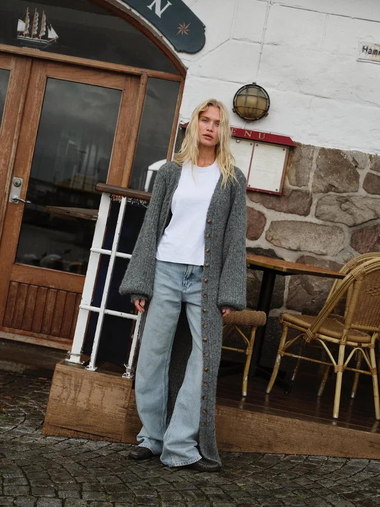 Chic Women Grey Single Breasted Knitted Cardigan Elegant V Neck Lantern Sleeves Slim Long Sweater Autumn Winter Lady Street Wear 241214