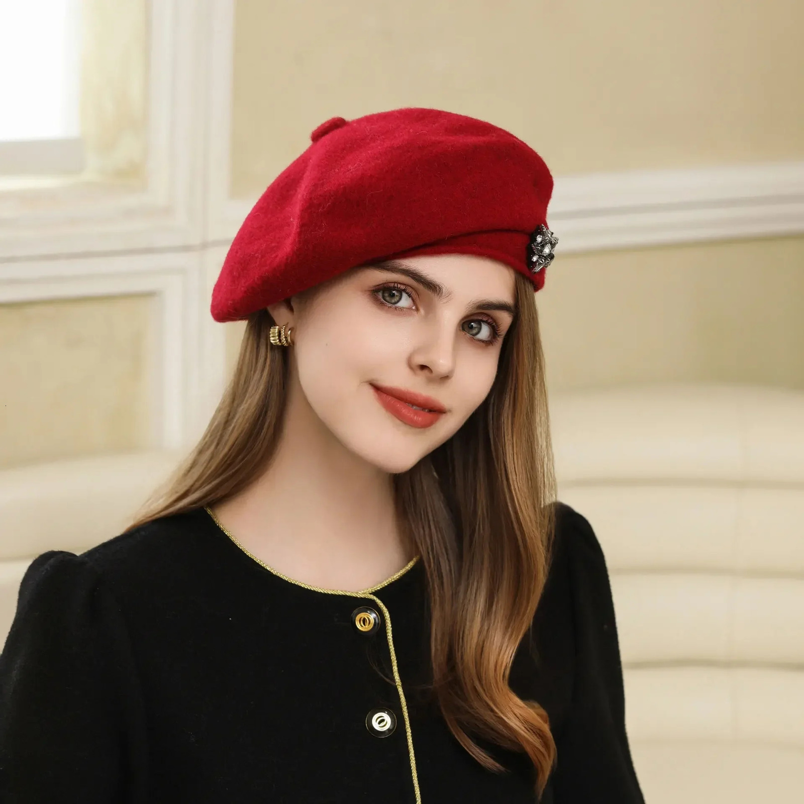 Winter Hats for Women Rhinestone Decor Wool Beret female Soft Warm Black hats Fashion Beanie for Womens 241214