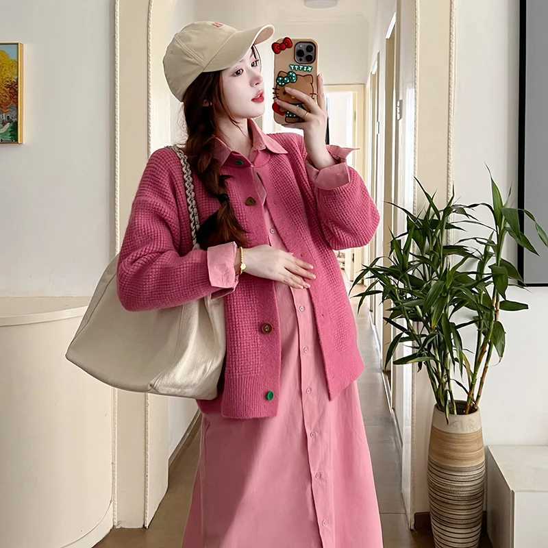Korean Sle Pregnant Woman Long Sleeve Turn-down Collar Single-breasted Shirts Dress Materni Clothes Pregnancy Cotton DressesXJ241213