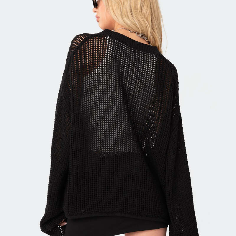 European and American new fashionable women's sexy hollow knitted cover design sense niche loose pullover sweater for women