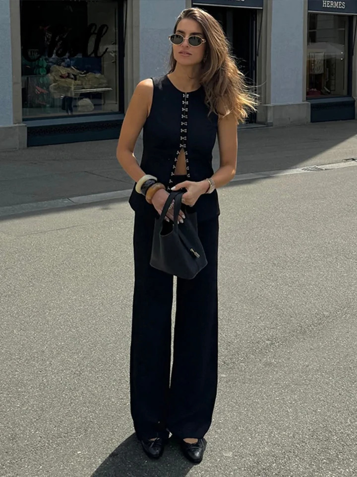 Solid Office Trousers Set Women Oneck Sleeveless Single Breasted Slim Vest High Waist Straight Pant 2024 Fashion Lady Outfit 241203