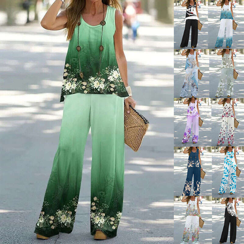 Women's printed casual two-piece vest with elastic waist pants women's set 2024 versatile new trendy clothing ins
