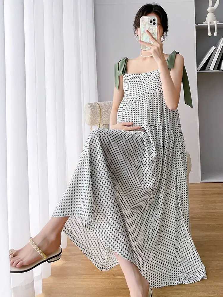 Summer Pregnant Women Dress High Waist Fashion Printed Strap Lacing Pregnancy Sleeveless Dress Materni Polka Dot Chiffon DressXJ241213