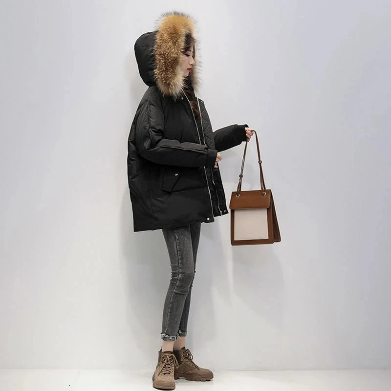 S3XL 2024 Down Apron Womens Winter Short Loose Jacket Korean Big Fur Collar Park 241212