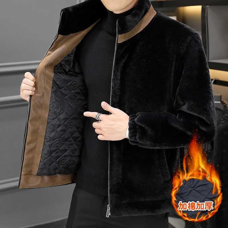 Winter mens faux fur leather jacket stand up collar zipper thick warm mink jacket fashionable casual business social jacket M-4XL W241213