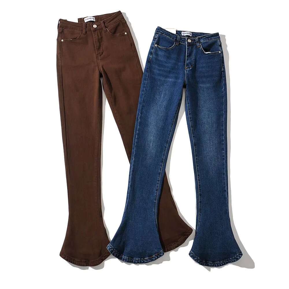 American INS autumn spicy girl retro high waisted elastic slim fit leg showing long horseshoe for women with micro horn denim pants 2024 new casual fa