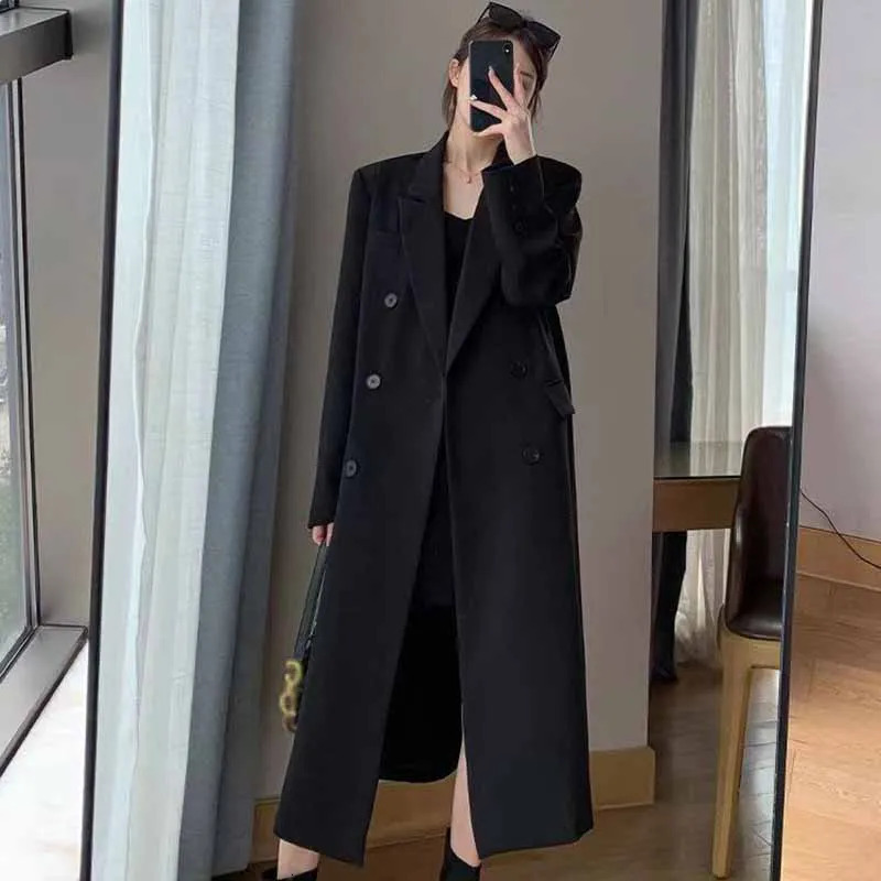 Lucyever Korean Style Chic Office Lady Long Blazers Elegant Double Breasted Blazer Jacket Women Fashion Streetwear Trench Coat 241209