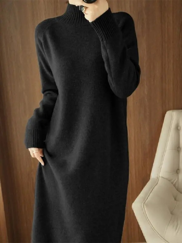 Wool Dress 2024 AutumnWinter Long Sleeve Casual Cashmere Half Collar Sweater Thick Bottom Skirt LJ615 241212