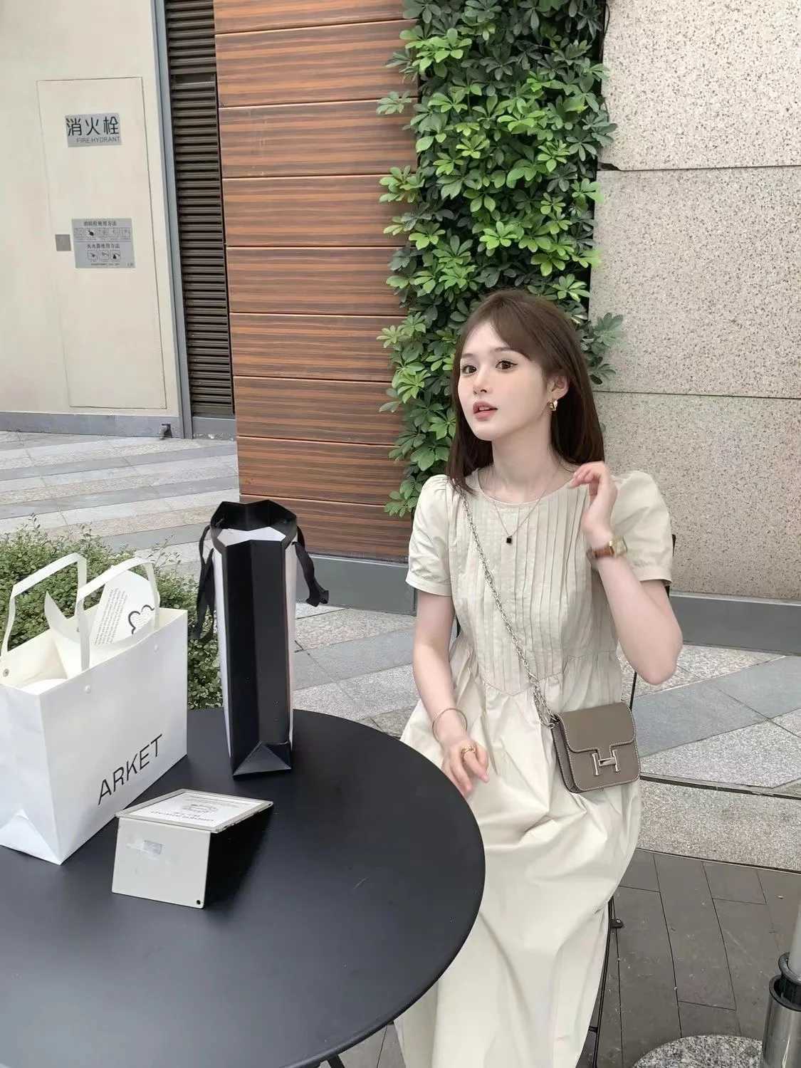Korean Sle Materni Backless Dress Plus Size Short Sleeve Pleated High Waist Pregnant Woman Dress with Pockets Loose DesignXJ241213