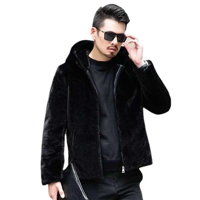 Mens winter faux fur coat black hooded faux fur leather jacket thin and warm fluffy windproof jacket mens zipper top mens jacket W241213