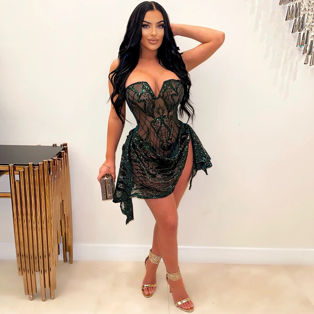 Sexy V-neck see through sequin dress women's new summer outfit 3-color pleated skirt party tight evening dress birthday party club