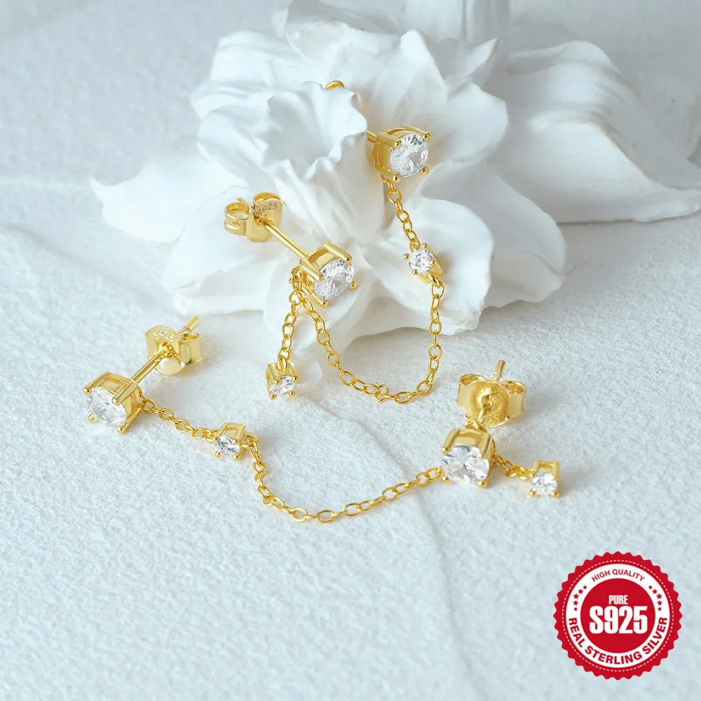 AIDE 925 Sterling Silver Double Ear Studs Tassel Chains Hanging Earrings for Women Ear Piercing Shiny Square Zircon Jewelry 241214