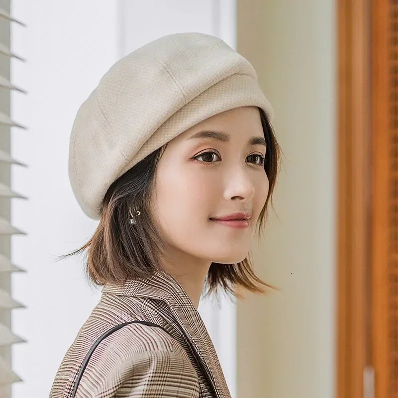 Simple Women Wool Beret for Elegant Lady Winter Female Cotton Hats Plaid Vintage Octagonal Casual Autumn Cap 241214