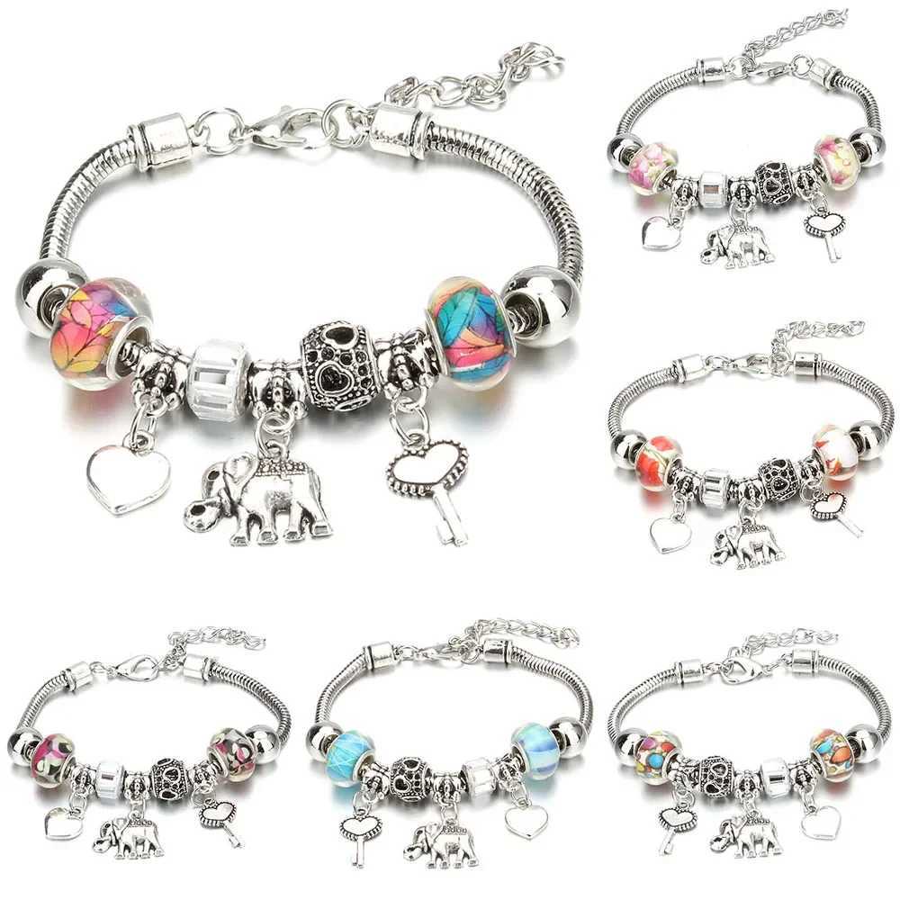 Antique Original Elephant Key Lock She 6 Colors Charm Bracelets for Women Glass Beads Bracelet Bangle DIY Jewelry GiftsXJ241214