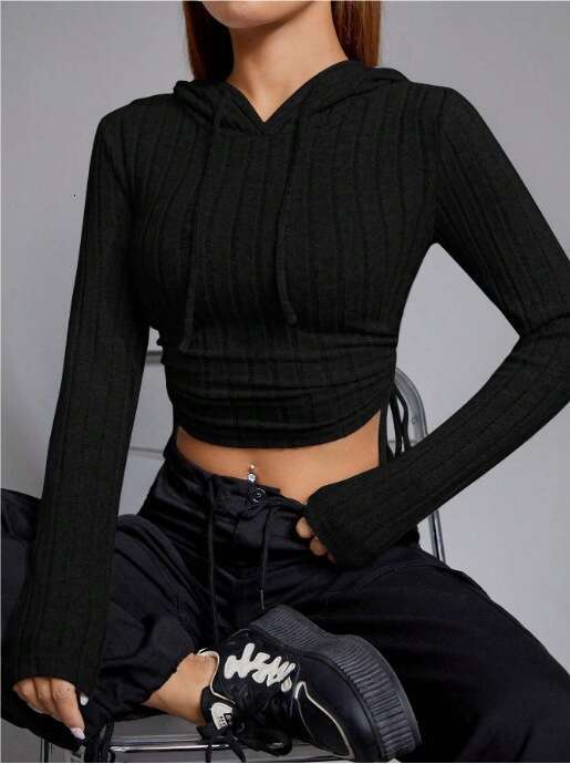 European and American women's 2024 spicy girl short drawstring long sleeved T-shirt looks slim with exposed navel hooded sweatshirt