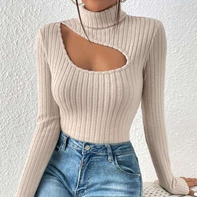 2023 Autumn New European and American Front Chest Hollow Bottom Shirt Women, High Collar Long Sleeve Slimming T-shirt for Women