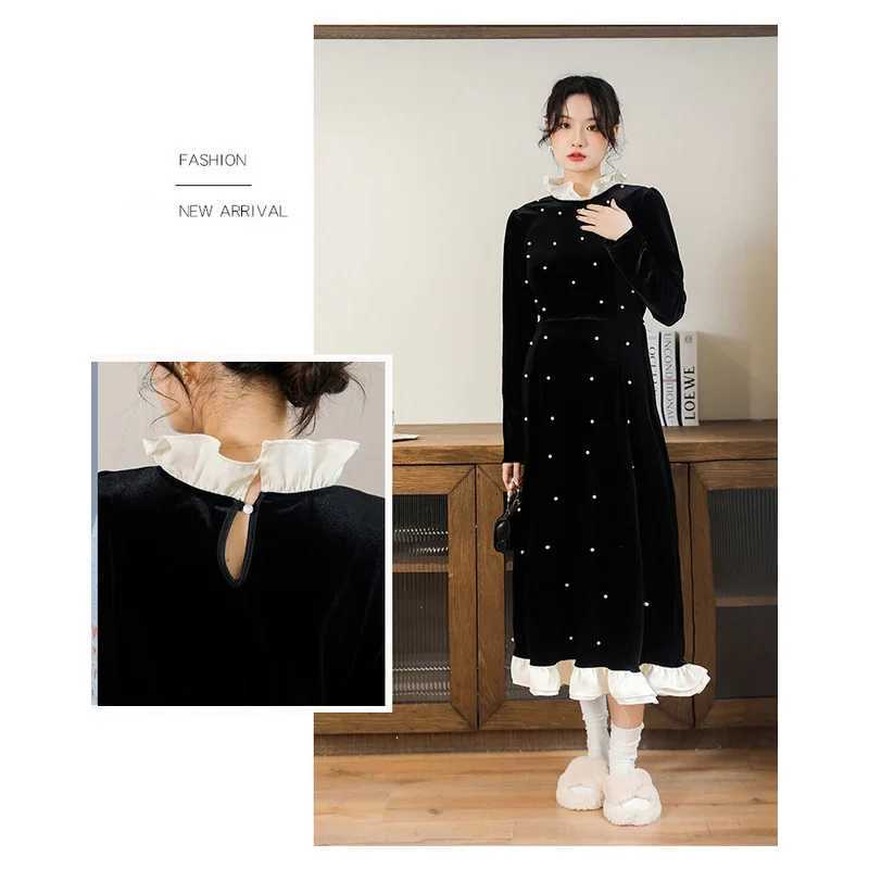 2024 Spring Pregnant Womens Retro Sle Pearl Velvet Long Dress Ruffles Collar Patchwork Materni Par Dress Evening ClothesXJ241213