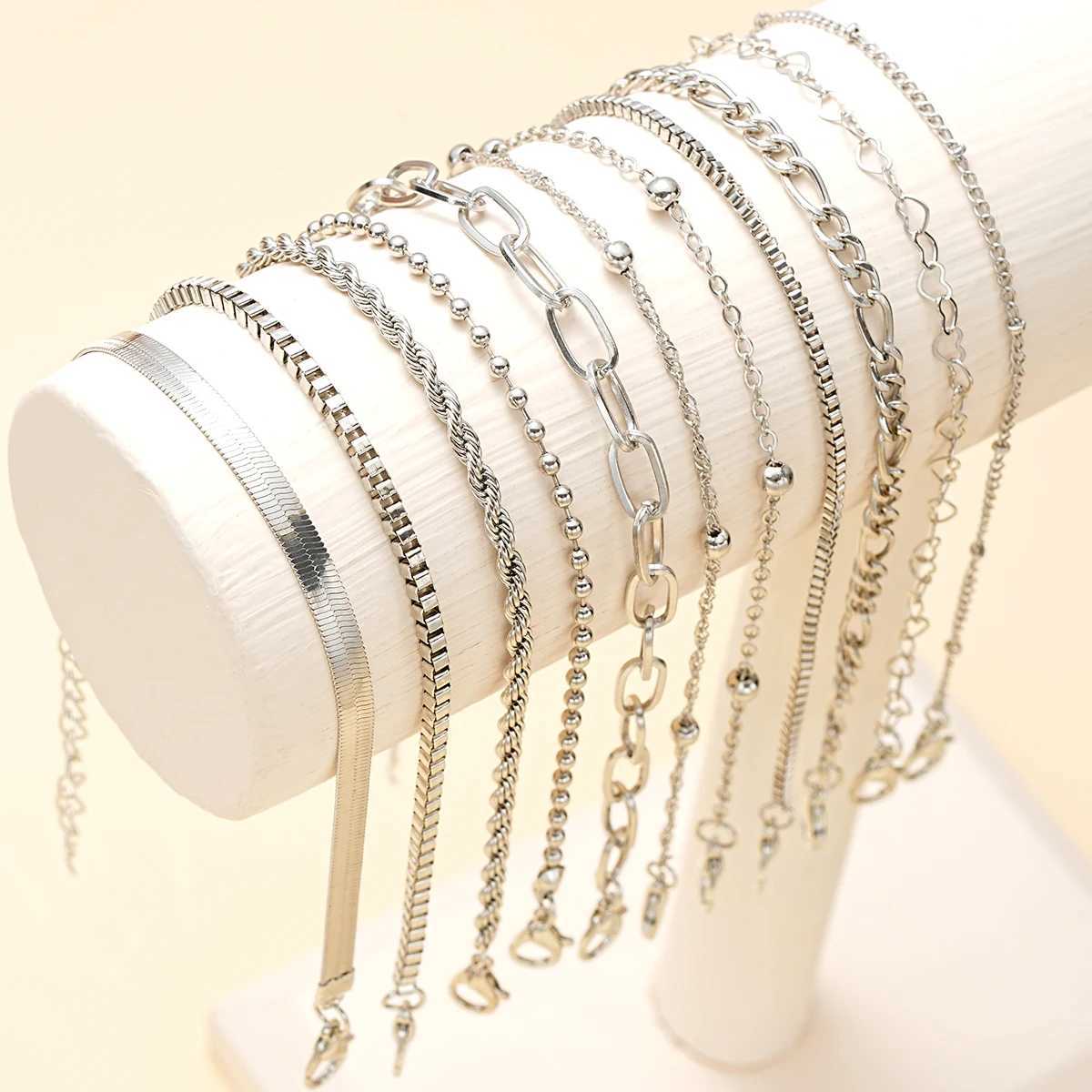 11Pcs/Set Boho Twisted Flat Snake Chain Anklet for Women Summer Beach Vintage Barefoot Ankle Bracelet On Leg Jewelry AccoriesXJ241214