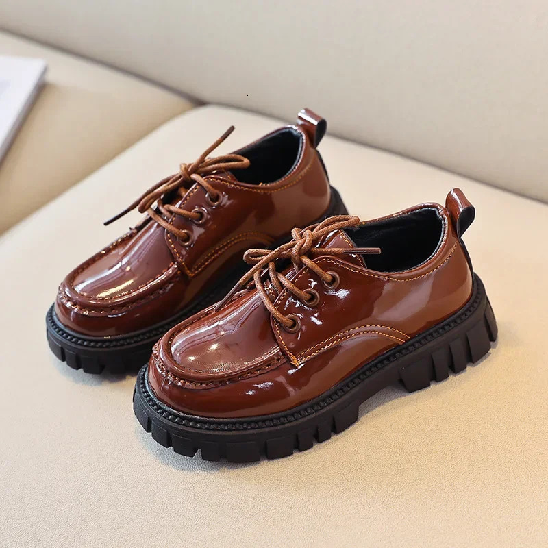 Children Leather Shoes for Boys Girls Thick Sole Lace-up Kids School Leather Shoes for Wedding Party Show British Style Black 241213