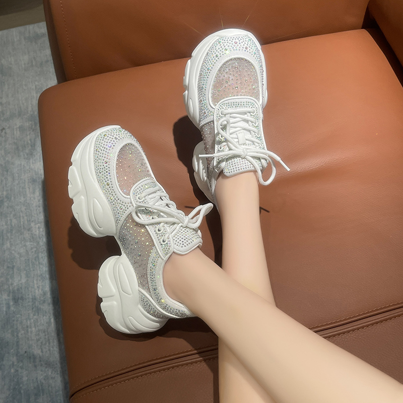 Women Fashion Skate Sneakers Women Thick Soled Shiny Shoes Sequin Increase Height Casual Shoes Luxury designer Lace-up Shiny Rhinestone Chunky Platfor