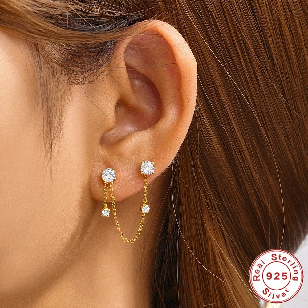 AIDE 925 Sterling Silver Double Ear Studs Tassel Chains Hanging Earrings for Women Ear Piercing Shiny Square Zircon Jewelry 241214