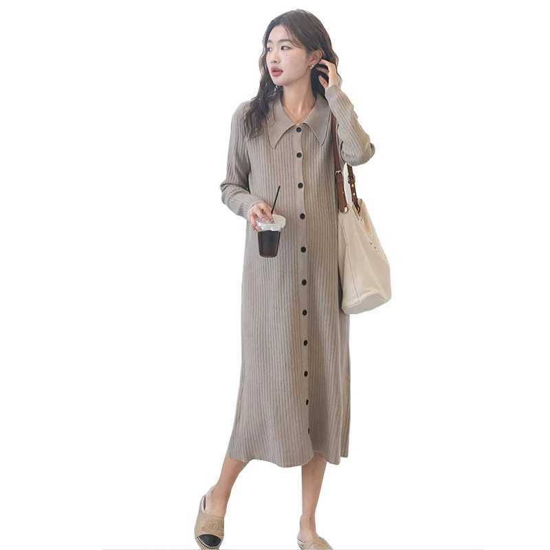 Autumn Pregnant Woman Knit Dress Long Sleeve Turn-down Collar Single-breasted Materni Straight Dress Pregnancy Pleated DressesXJ241213