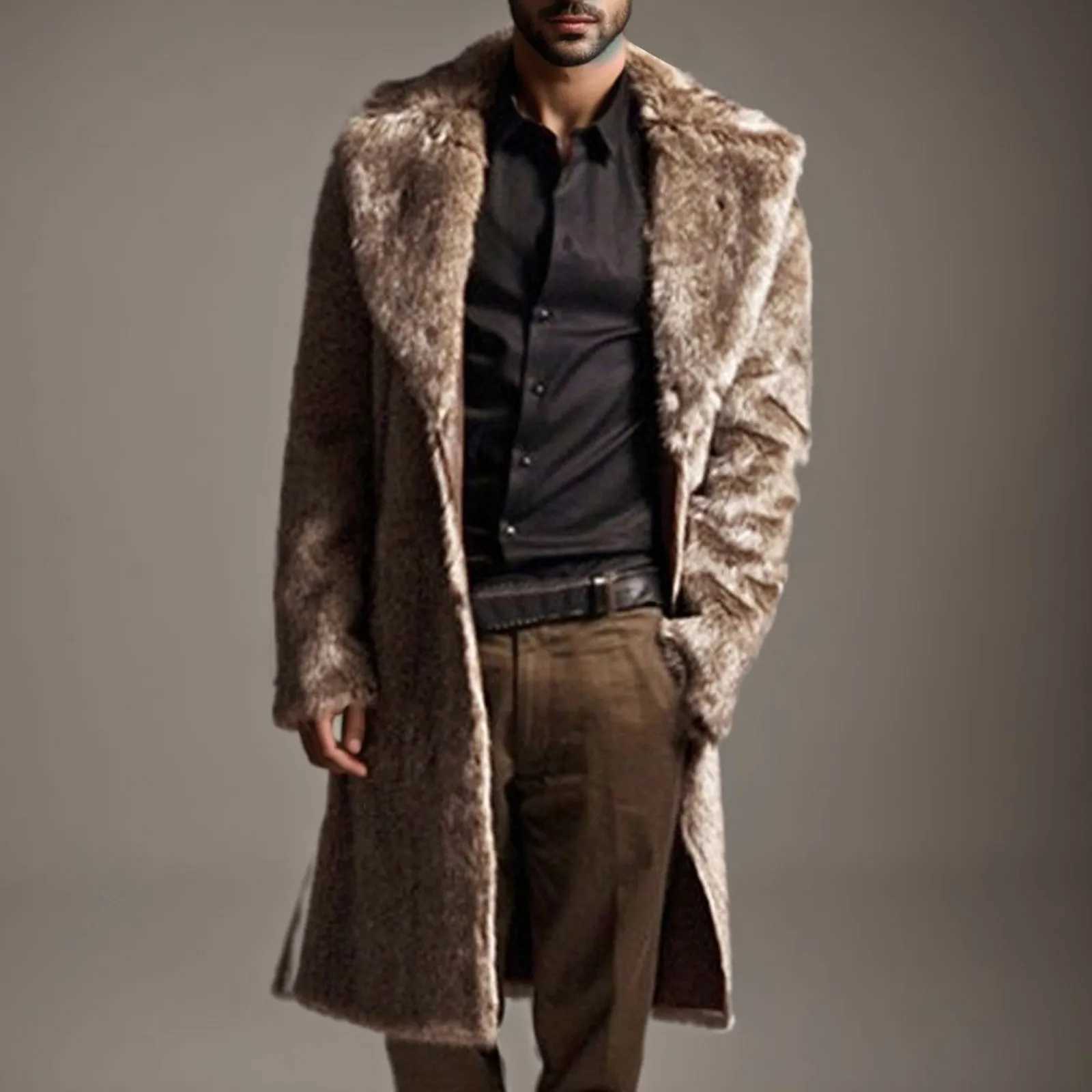 Fashion Black Faux Fur Jacket Men 2024 Winter Brand New Faux Leather Long Parka Warm Overcoat Men Luxury Fur Punk Outwear W241213
