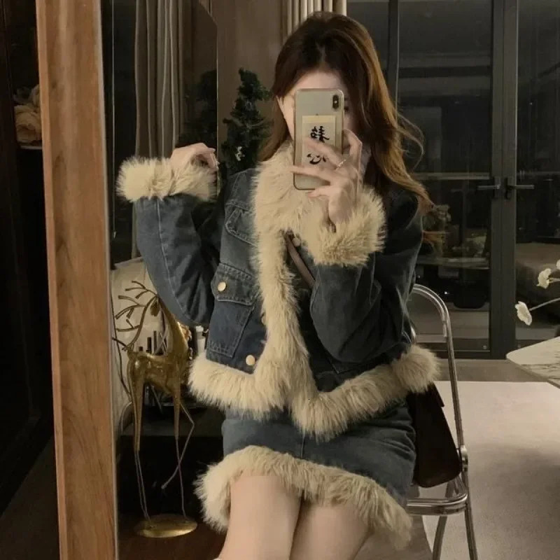 Fashionable faux fox fur collar patchwork denim jacket cotton quilt mattress denim jacket fur edge tophigh waisted A-line half sleeve 2-piece set 2412